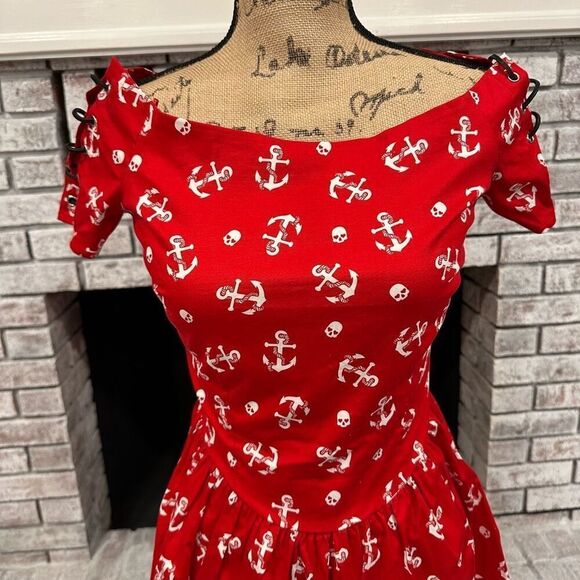 NWT Hot Topic Red Sailor Mini Dress Anchors & Skulls Medium Off Shoulder Lace Up - Picture 7 of 15